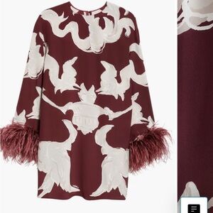 NWT Valentino Garavani Burgundy and Grey Dress with Feather Cuffs wedding guest